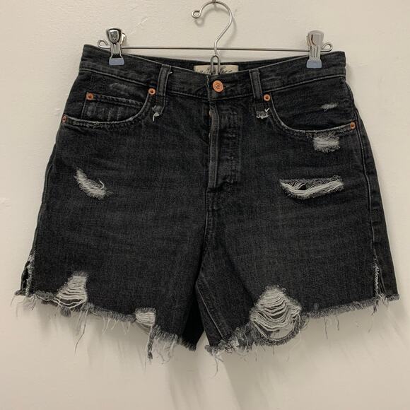We The Free Jean Shorts Women 26 Black Charcoal Wash Super Distressed Button Fly - Picture 1 of 9